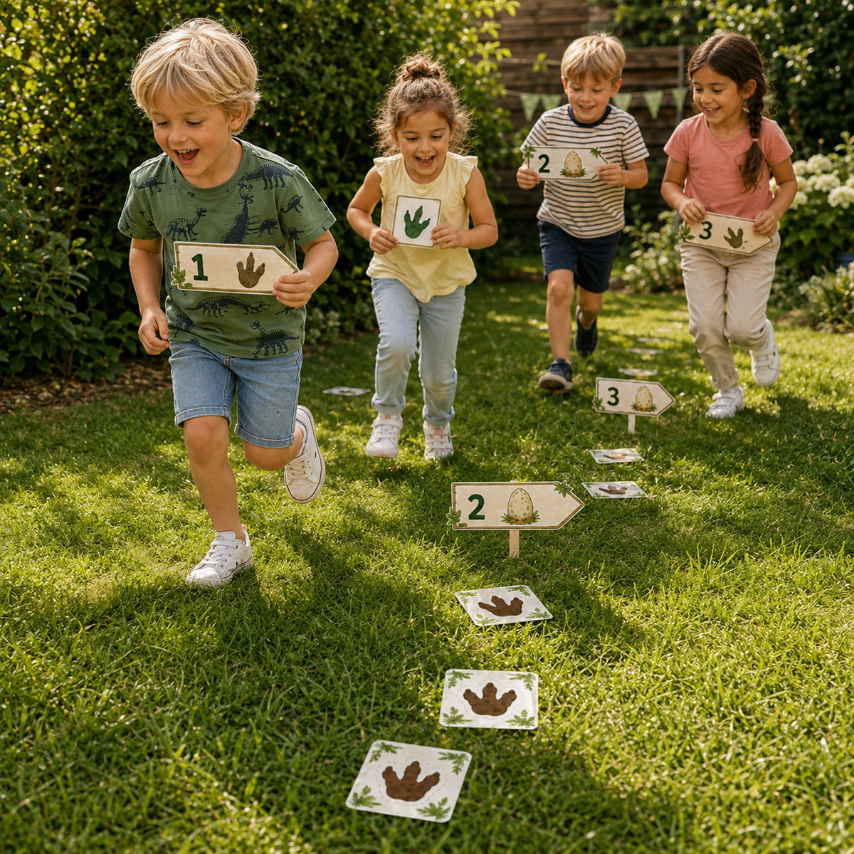 Kinderen spelen de Dino speurtocht met actieve opdrachten.