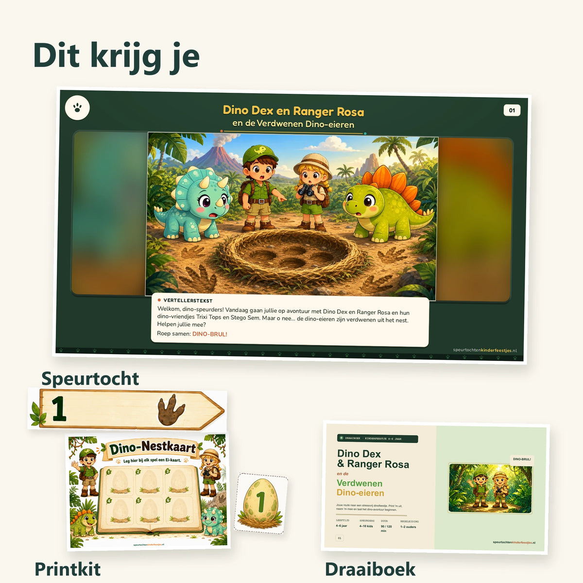 Dino speurtocht, printkit met nestkaart, routepijl en ei-kaart, en draaiboek voor ouderbegeleiding.