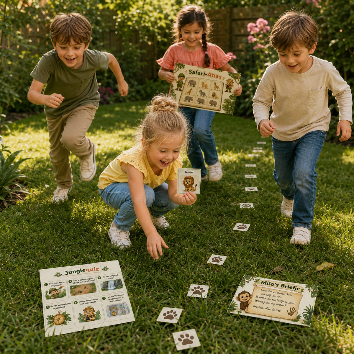 Kinderen spelen de Jungle speurtocht met actieve opdrachten.