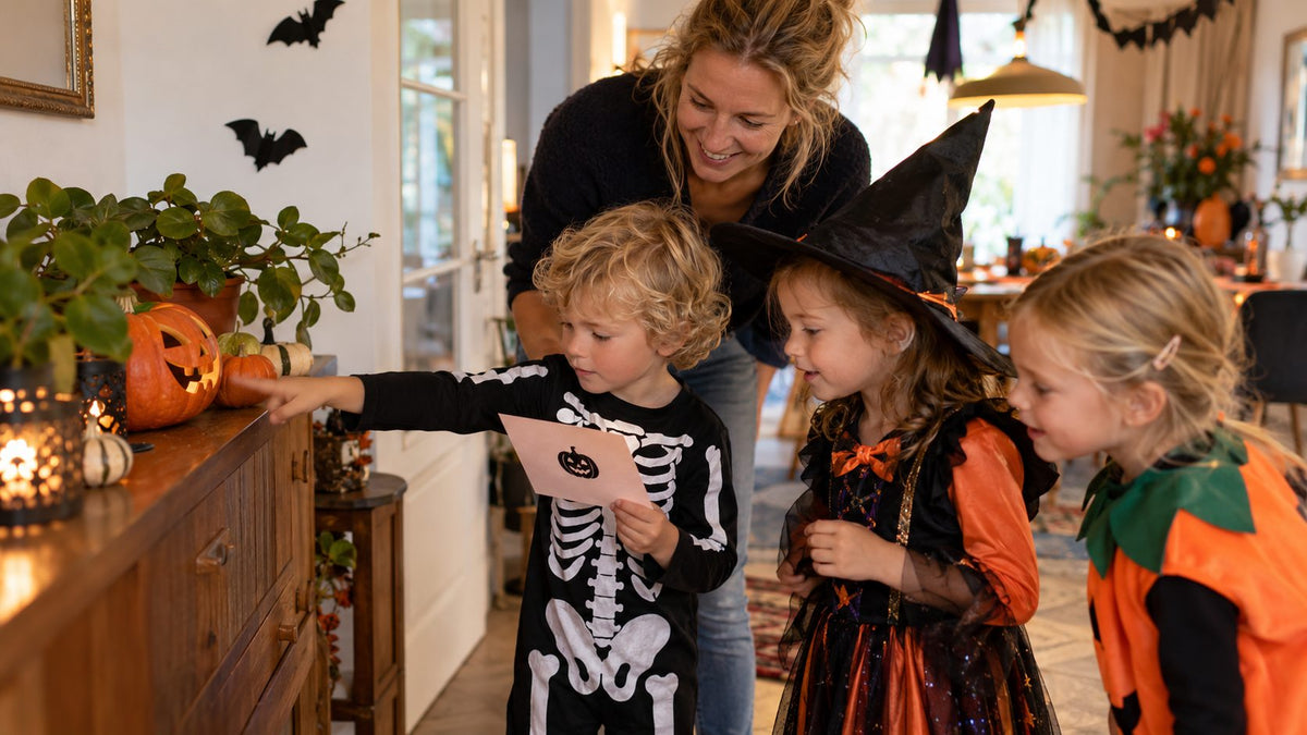 Kinderen zoeken een pompoenaanwijzing tijdens een vriendelijk Halloweenfeestje thuis.