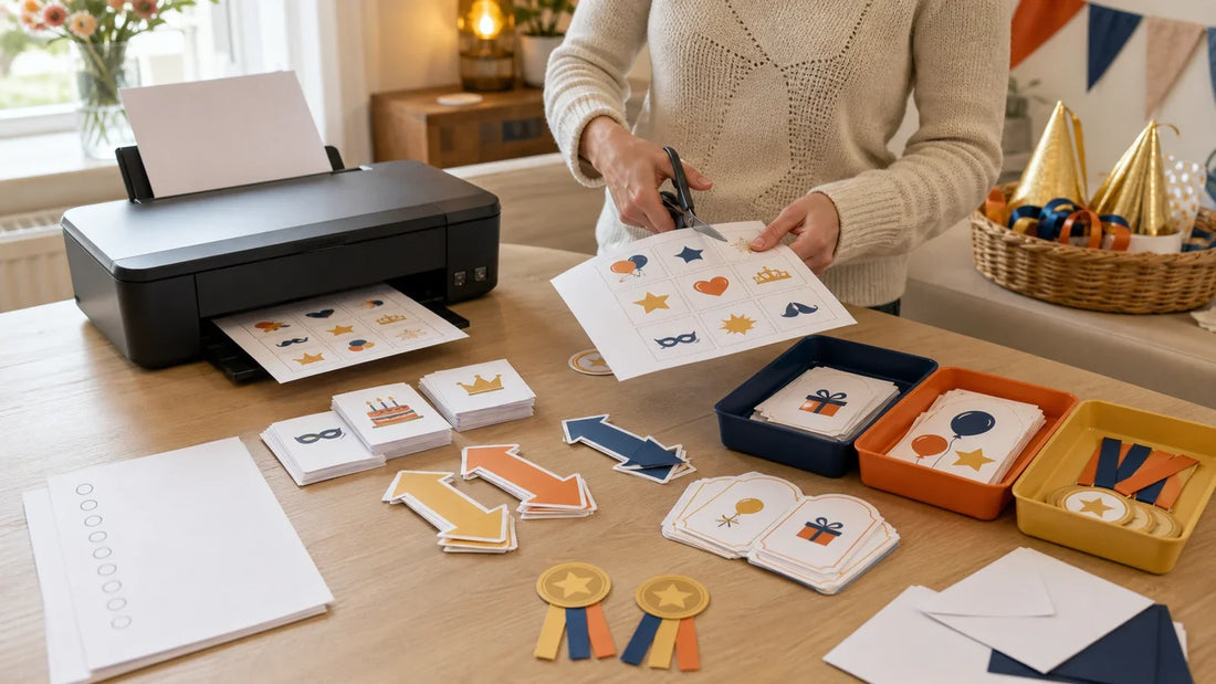 Ouder print en knipt materialen ter voorbereiding op een kinderfeestje.