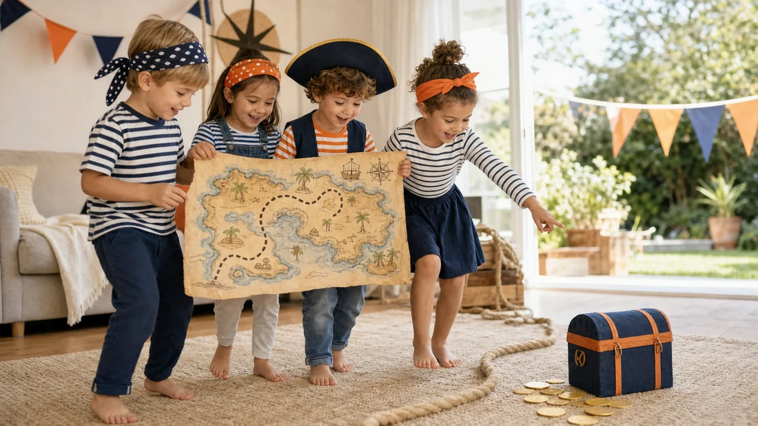 Kinderen volgen een schatkaart tijdens een piratenfeestje thuis.