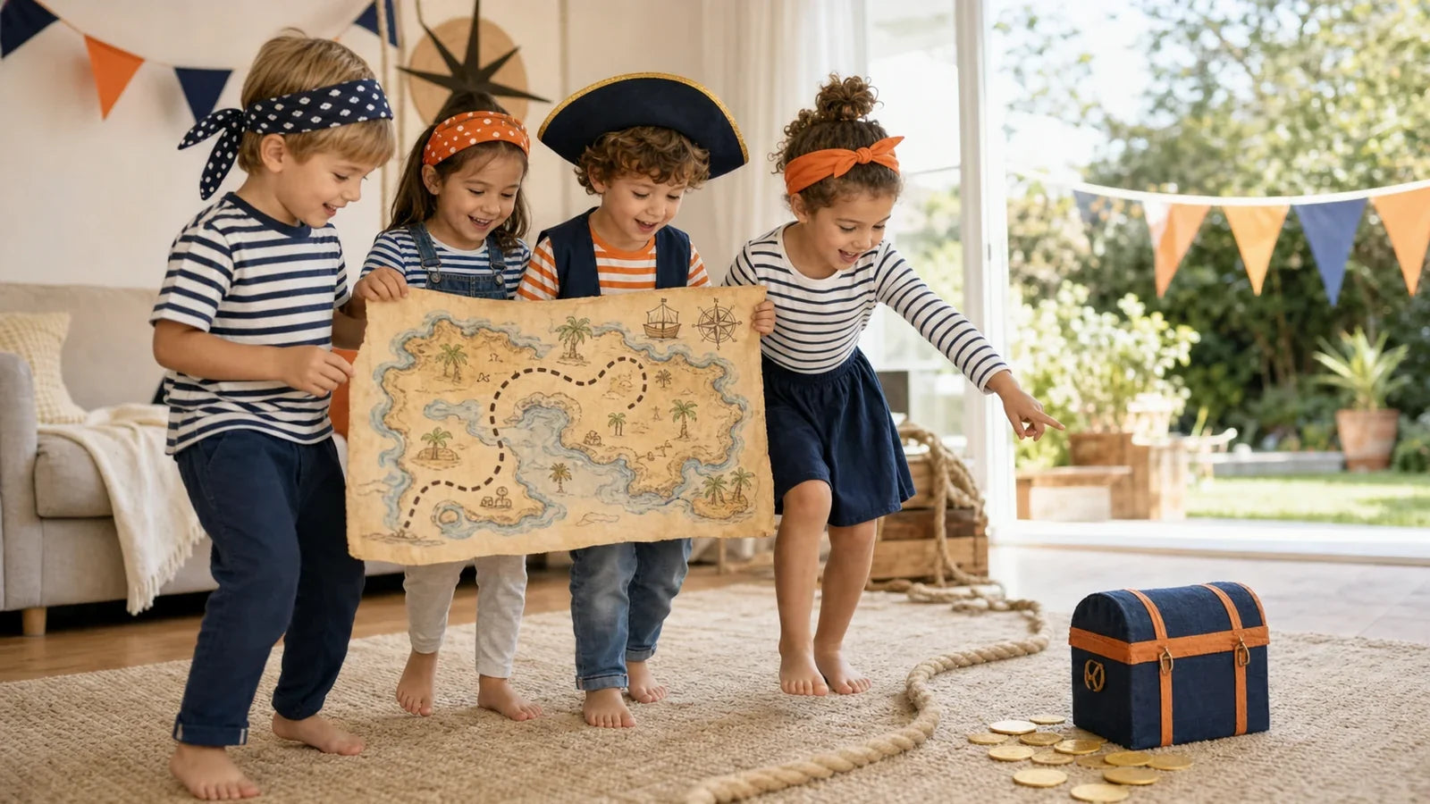 Kinderen volgen een schatkaart tijdens een piratenfeestje thuis.