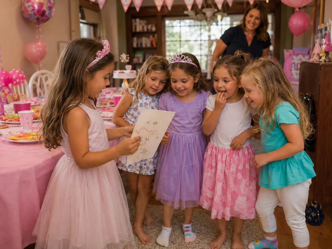 Kinderen spelen een prinsessen speurtocht op een kinderfeestje thuis