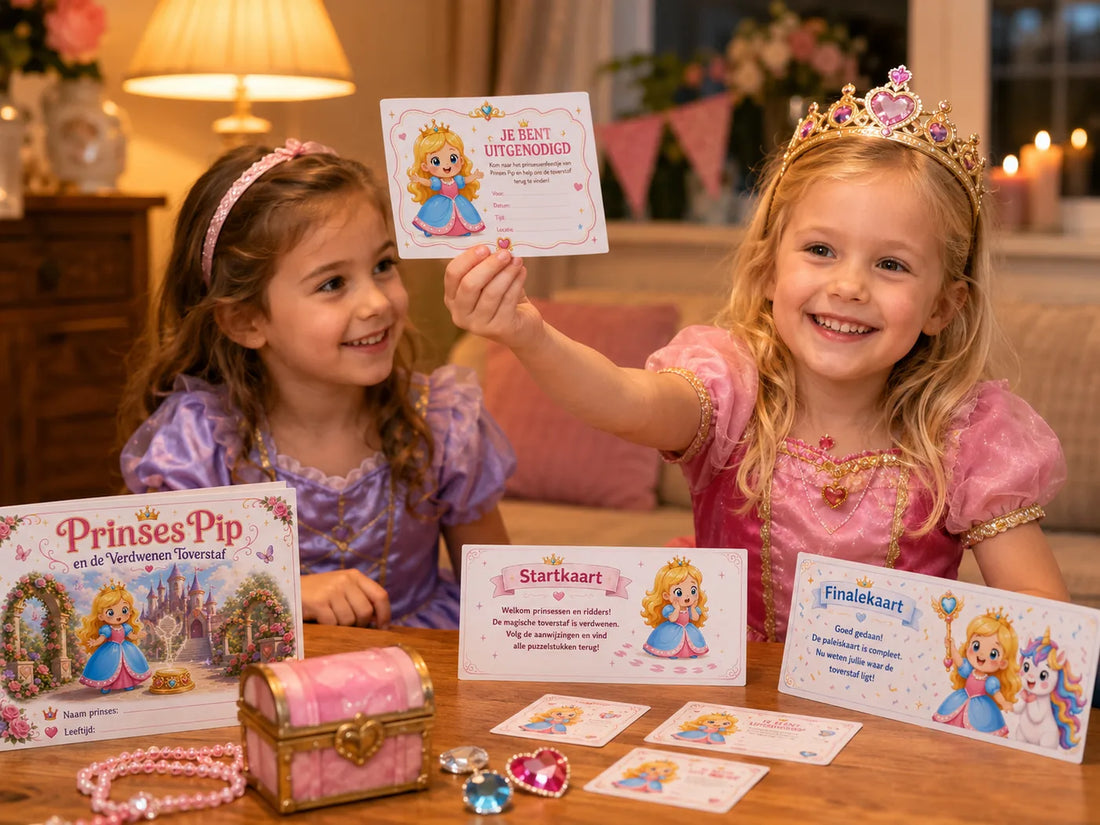 Uitnodiging voor een prinsessen speurtocht kinderfeestje thuis voor 6 jaar