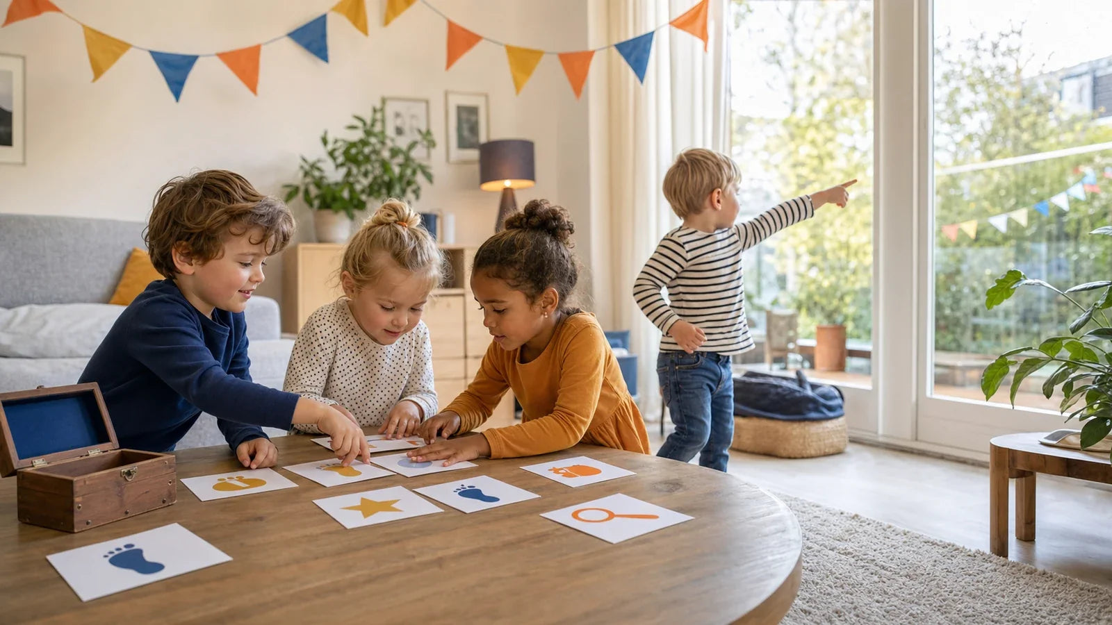 Kinderen van 4 tot 6 jaar spelen samen een speurtocht op een kinderfeestje.