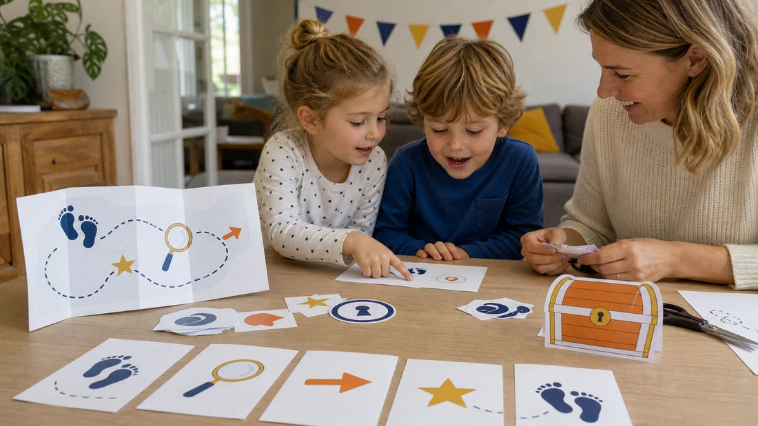 Geprinte aanwijzingen voor een speurtocht tijdens een kinderfeestje thuis.