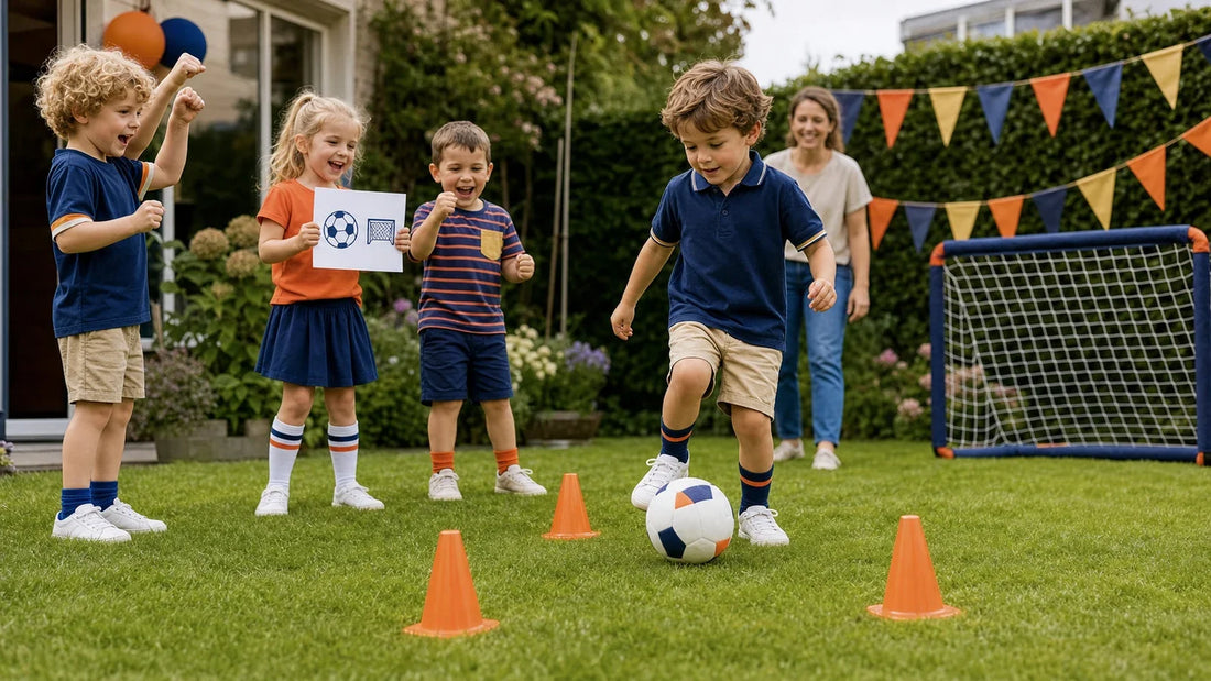 Kinderen voeren een voetbalopdracht uit tijdens een kinderfeestje thuis.