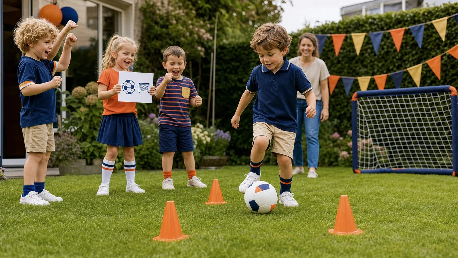 Kinderen voeren een voetbalopdracht uit tijdens een kinderfeestje thuis.