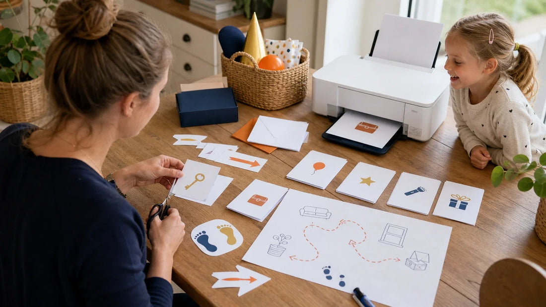 Ouder maakt en ordent printmaterialen voor een speurtocht thuis.
