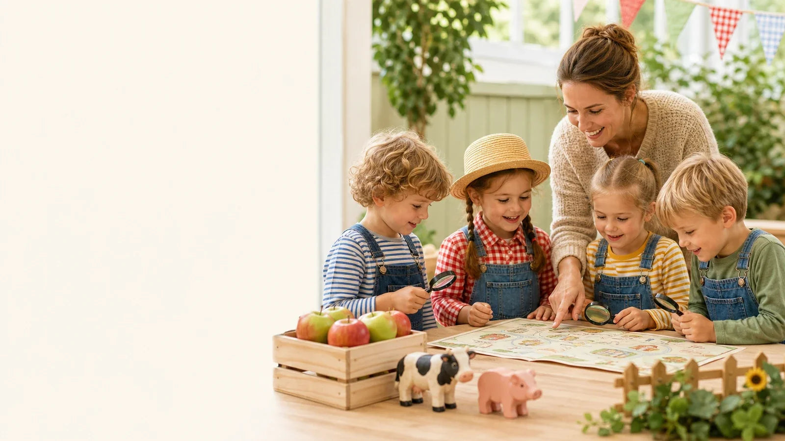 Kinderen spelen een boerderij speurtocht en bingo tijdens een kinderfeestje thuis.