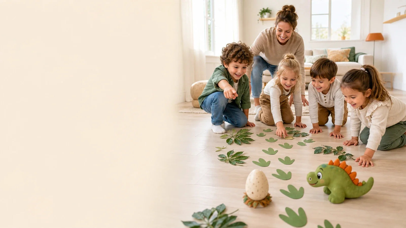 Kinderen spelen een dino speurtocht en bingo tijdens een kinderfeestje thuis.