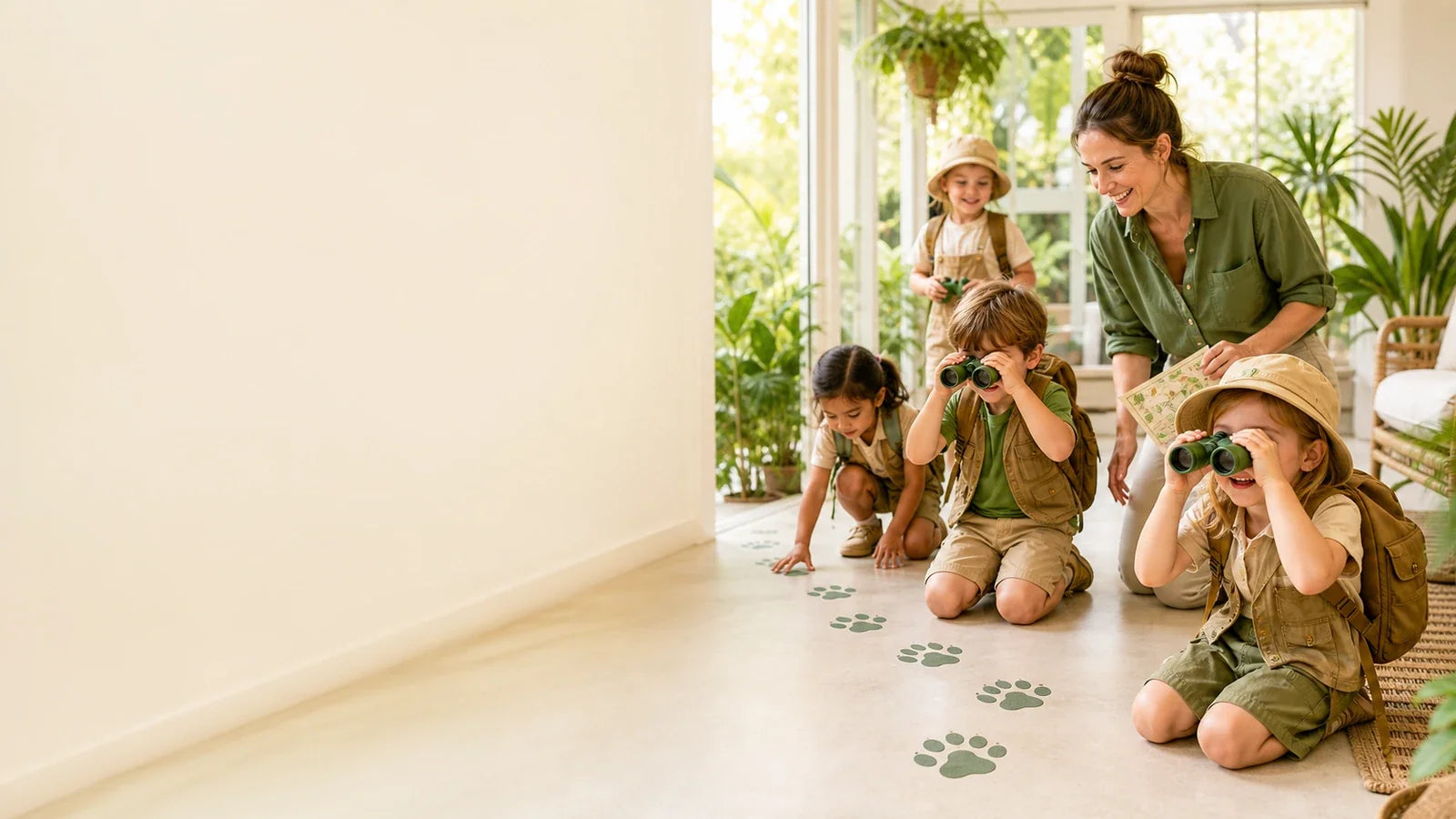 Kinderen spelen een jungle speurtocht en bingo tijdens een kinderfeestje thuis.