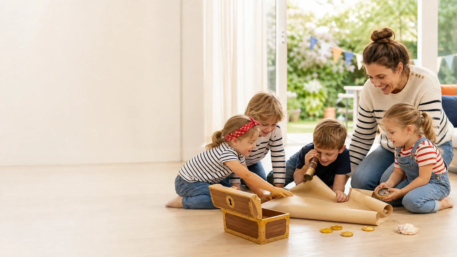 Kinderen spelen een piraten speurtocht en bingo tijdens een kinderfeestje thuis.