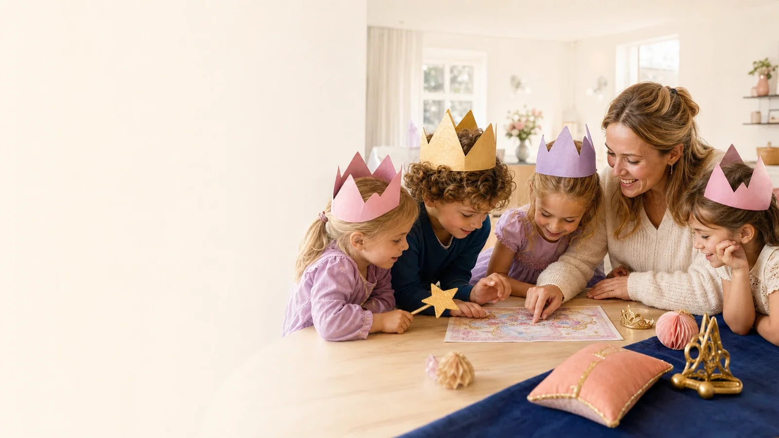 Kinderen spelen een prinsessen speurtocht en bingo tijdens een kinderfeestje thuis.