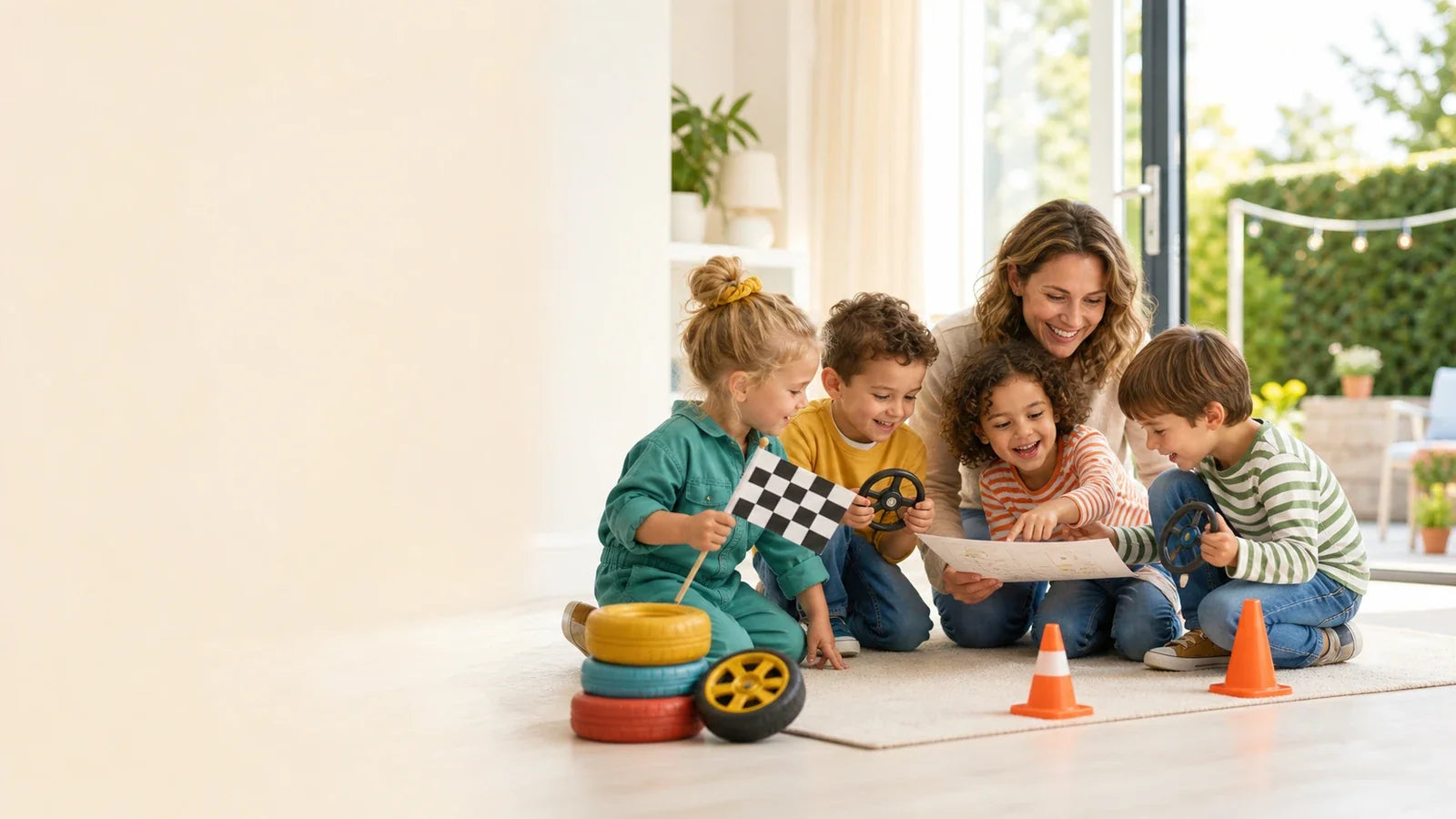 Kinderen spelen een race speurtocht en bingo tijdens een kinderfeestje thuis.