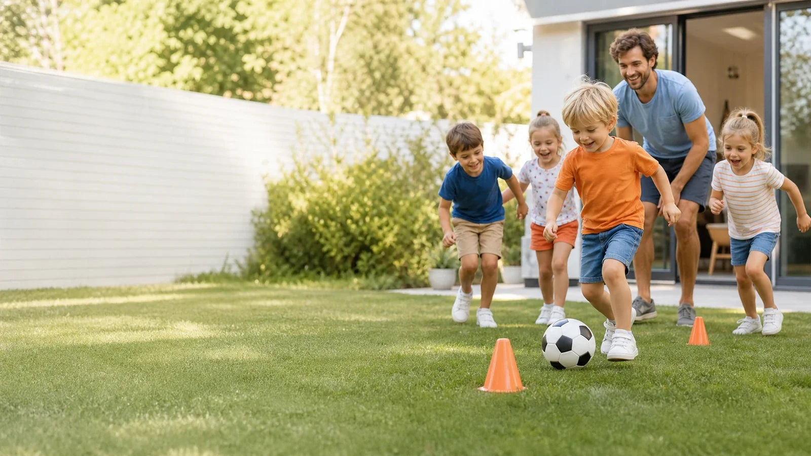 Kinderen spelen een voetbal speurtocht en bingo tijdens een kinderfeestje thuis.