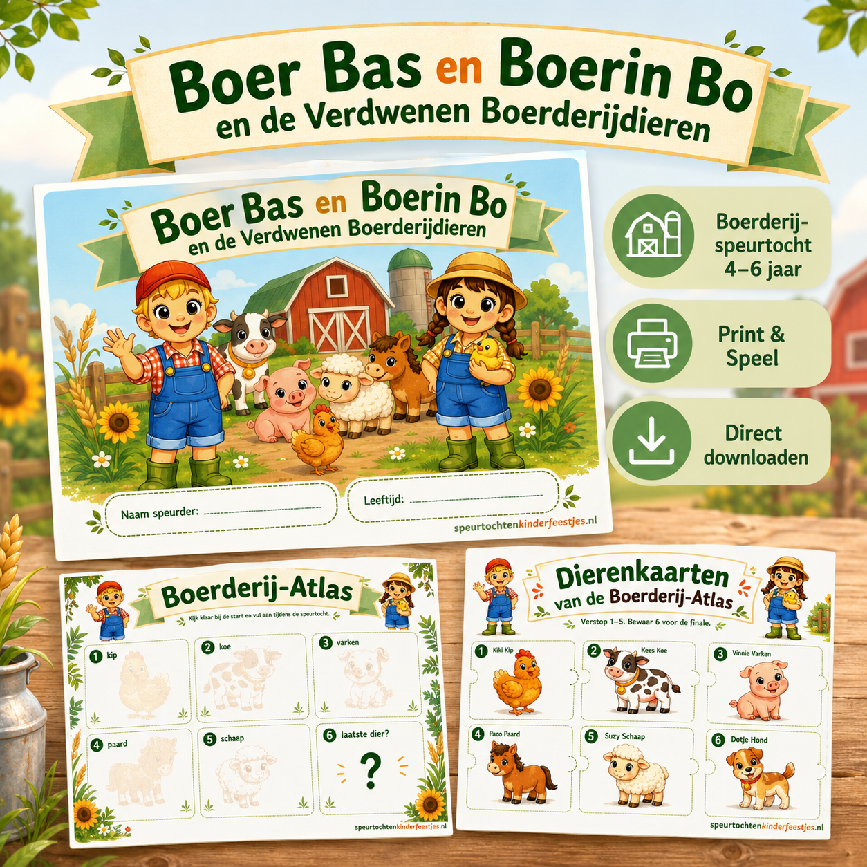 Boer Bas en Boerin Bo Speurtocht Kinderfeestje 4-6 jaar | Direct te Downloaden Printpakket