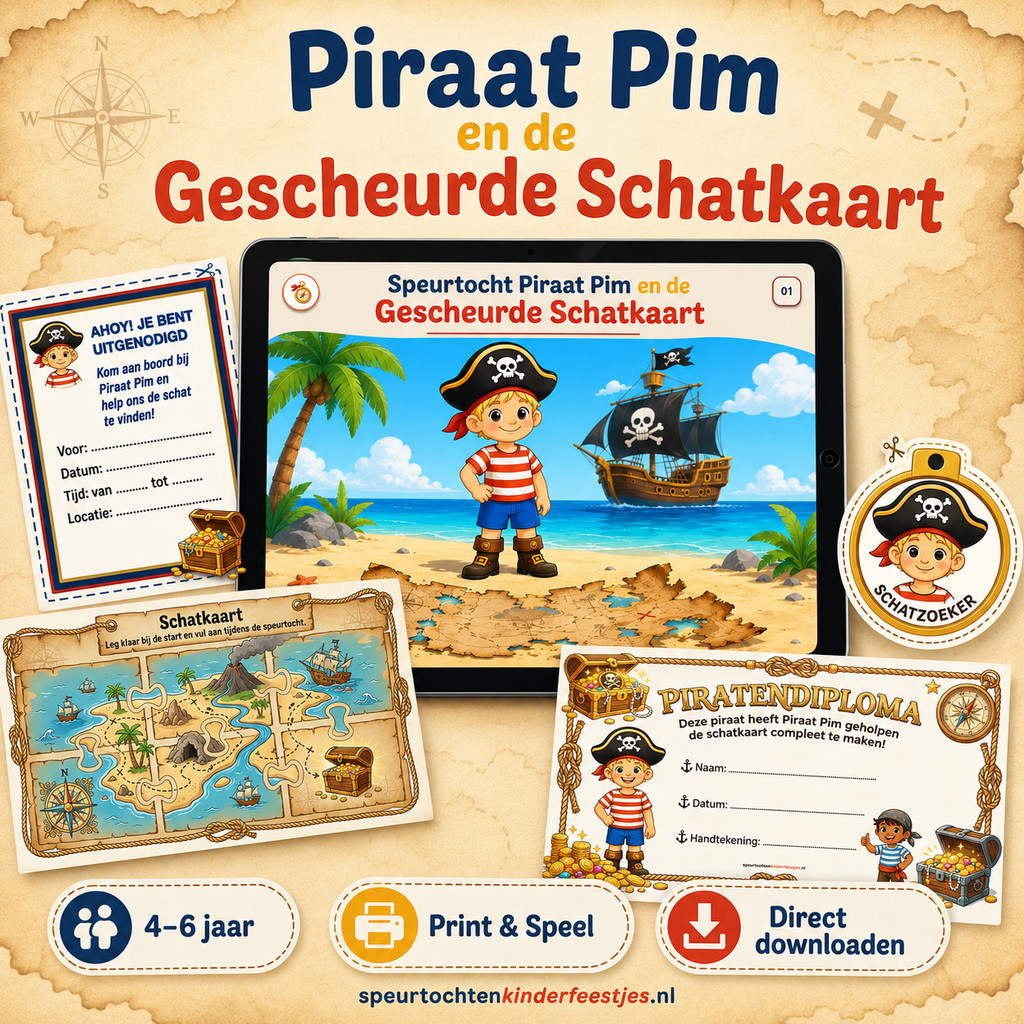 Piraten Speurtocht Kinderfeestje 4, 5 en 6 jaar | Direct te Downloaden Printpakket