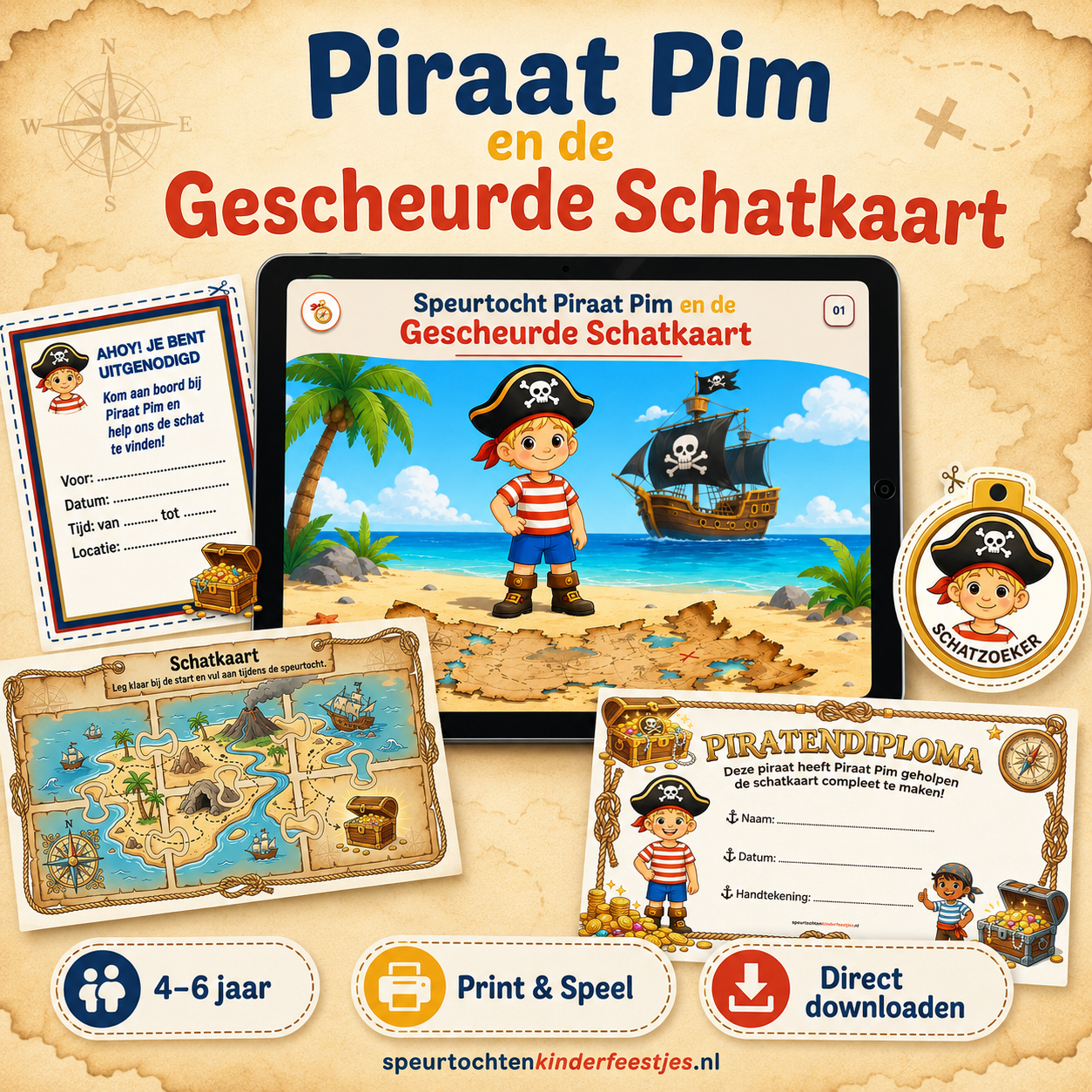 Piraten Speurtocht Kinderfeestje 4, 5 en 6 jaar | Direct te Downloaden Printpakket