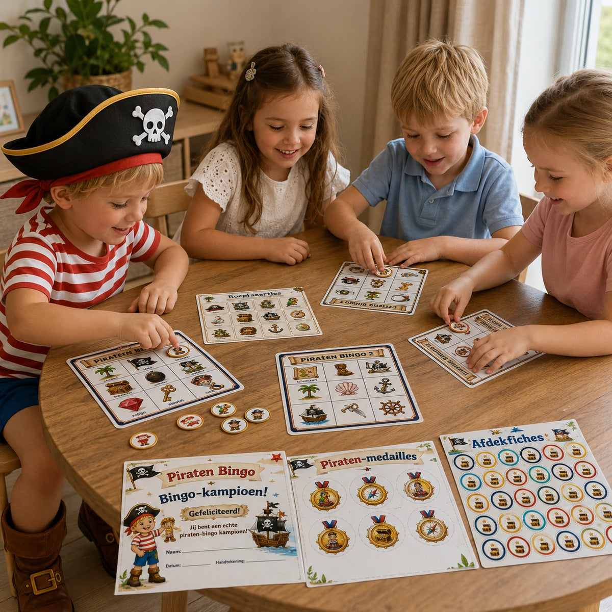 Kinderen spelen samen de Piraten bingo aan tafel.