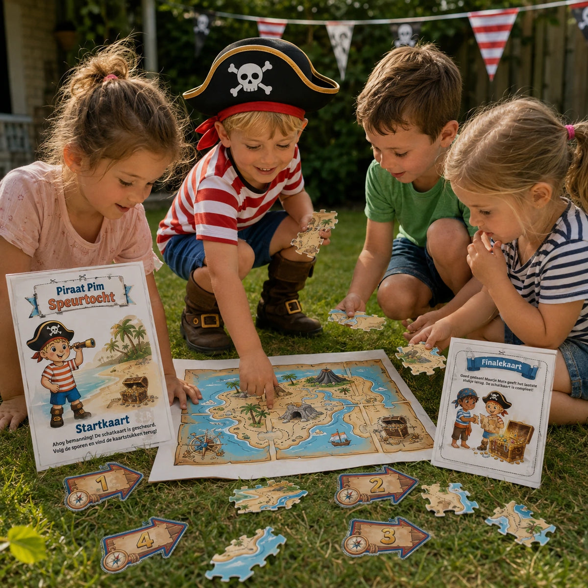 Kinderen spelen de speurtocht uit de Piraten kinderfeestje bundel.
