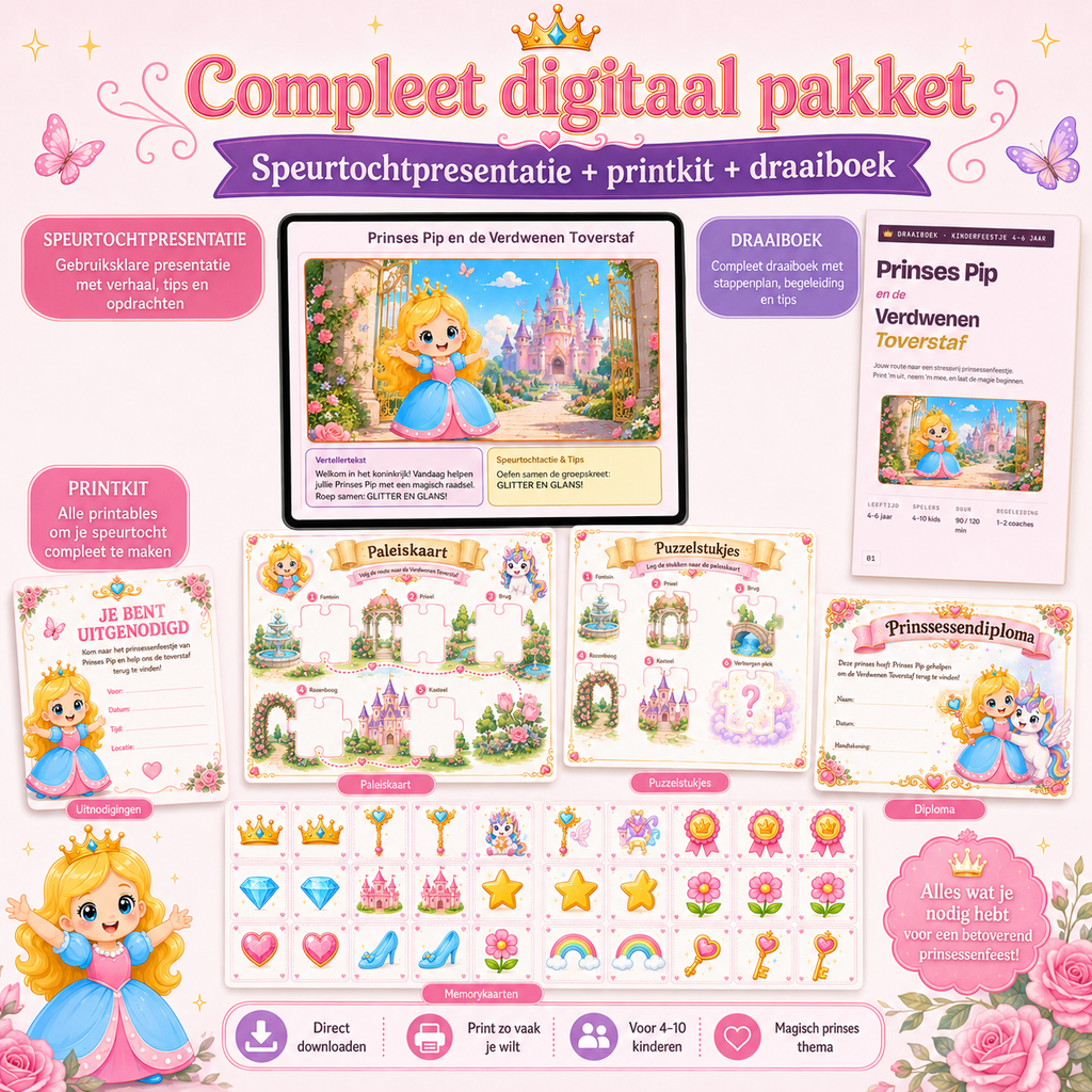 Prinsessen Speurtocht Kinderfeestje 4, 5 en 6 jaar | Direct te Downloaden Printpakket