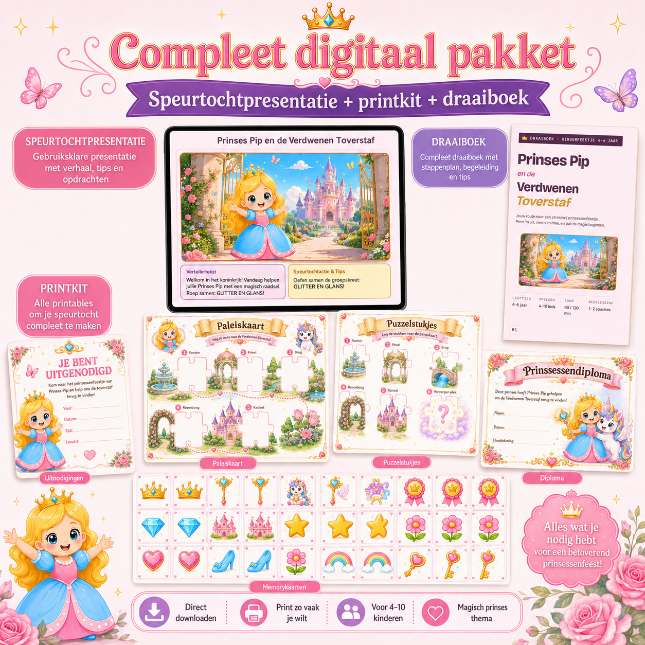 Prinsessen Speurtocht Kinderfeestje 4, 5 en 6 jaar | Direct te Downloaden Printpakket