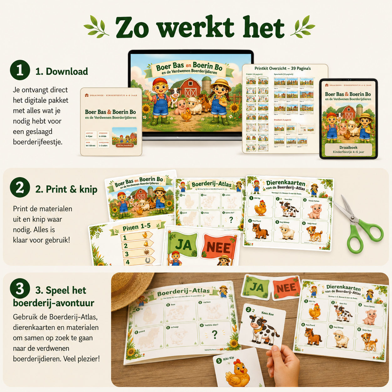 Boer Bas en Boerin Bo Speurtocht Kinderfeestje 4-6 jaar | Direct te Downloaden Printpakket