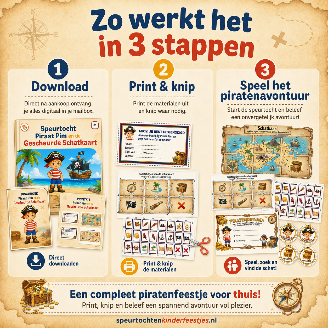 Piraten Speurtocht Kinderfeestje 4, 5 en 6 jaar | Direct te Downloaden Printpakket