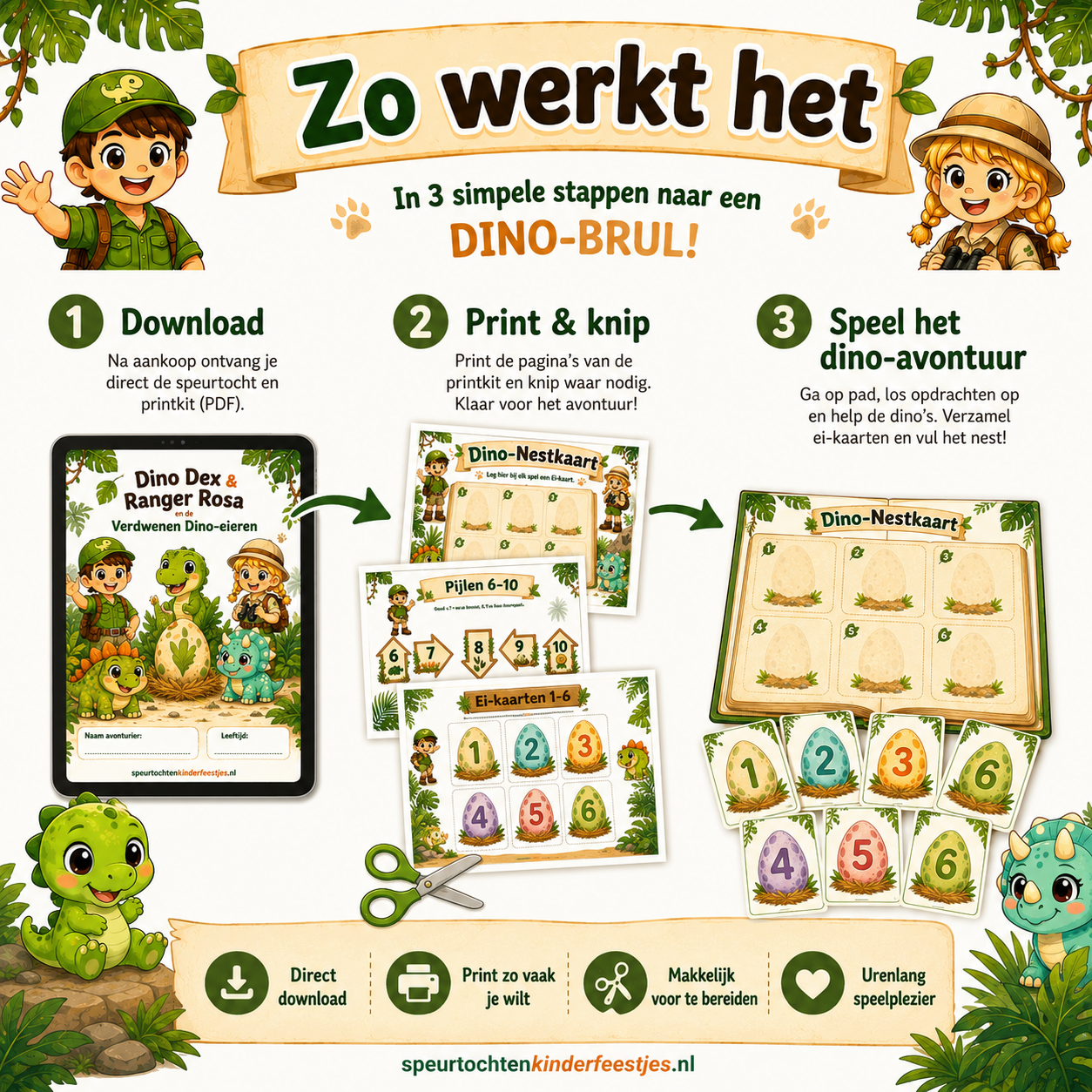 Dino Speurtocht Kinderfeestje 4, 5 en 6 jaar | Direct te Downloaden Printpakket