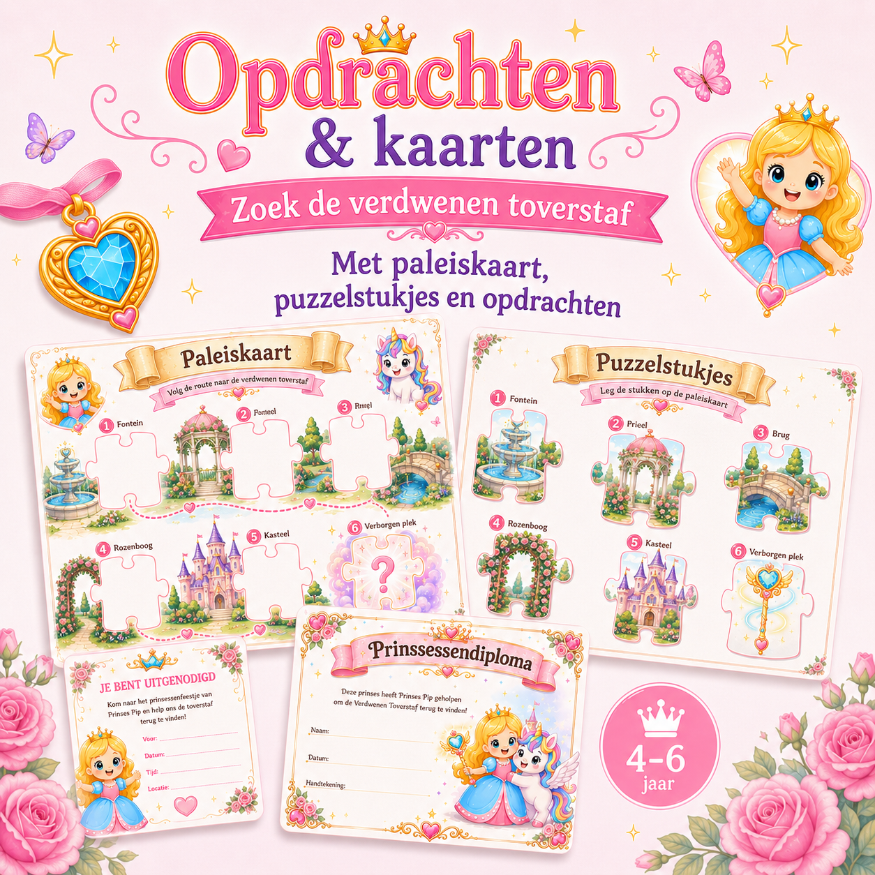 Prinsessen Speurtocht Kinderfeestje 4, 5 en 6 jaar | Direct te Downloaden Printpakket