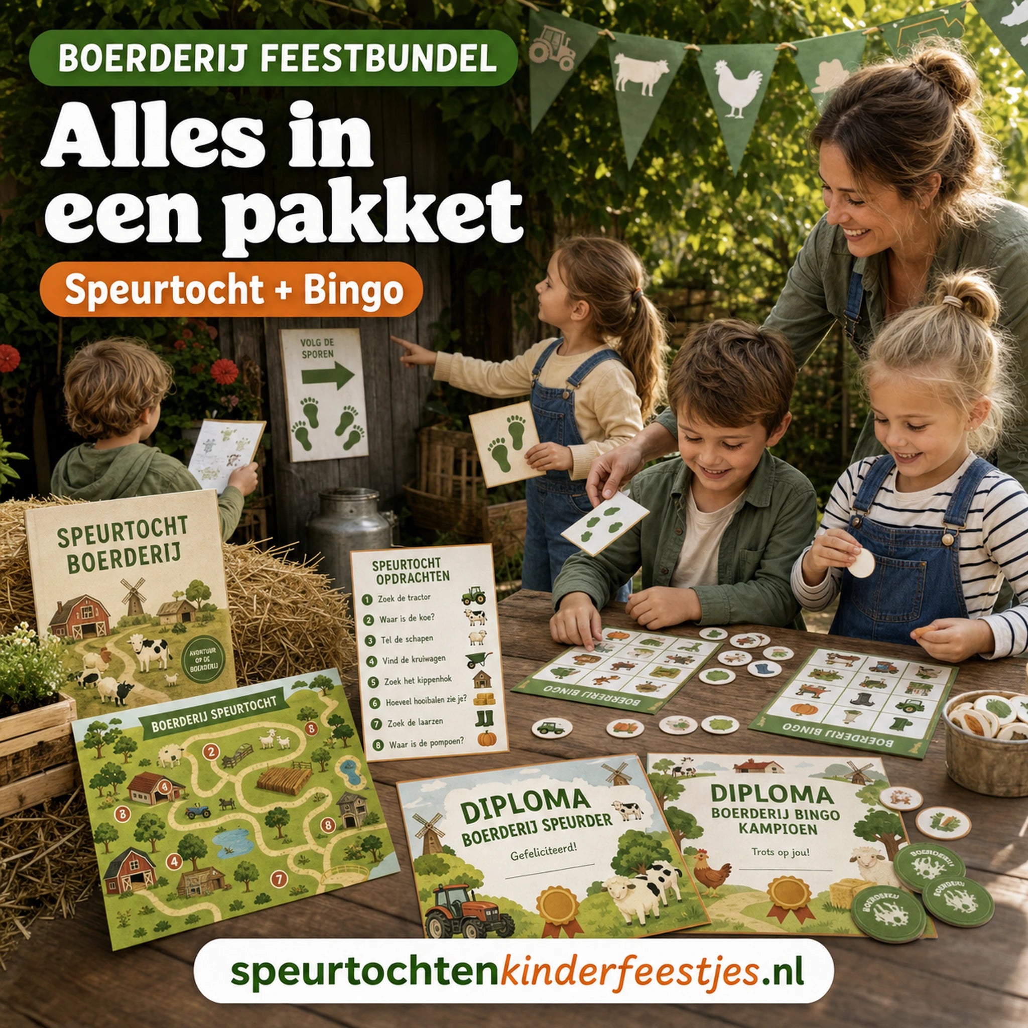 Kinderen genieten van een compleet Boerderij kinderfeestje met speurtocht en bingo