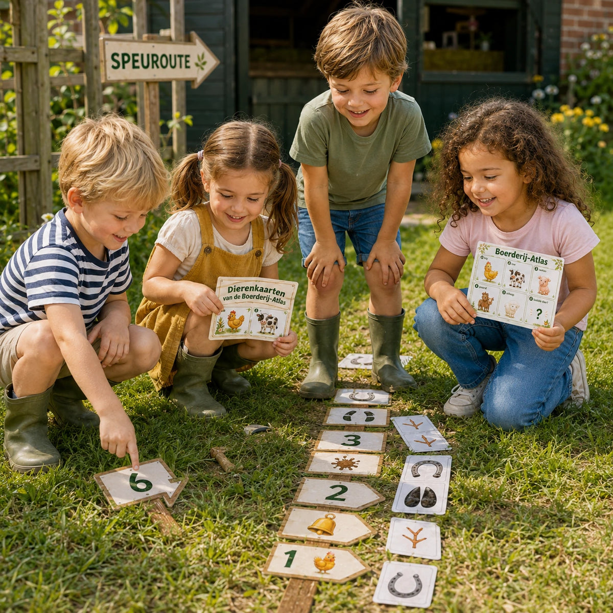 Kinderen spelen de Boerderij speurtocht met actieve opdrachten.