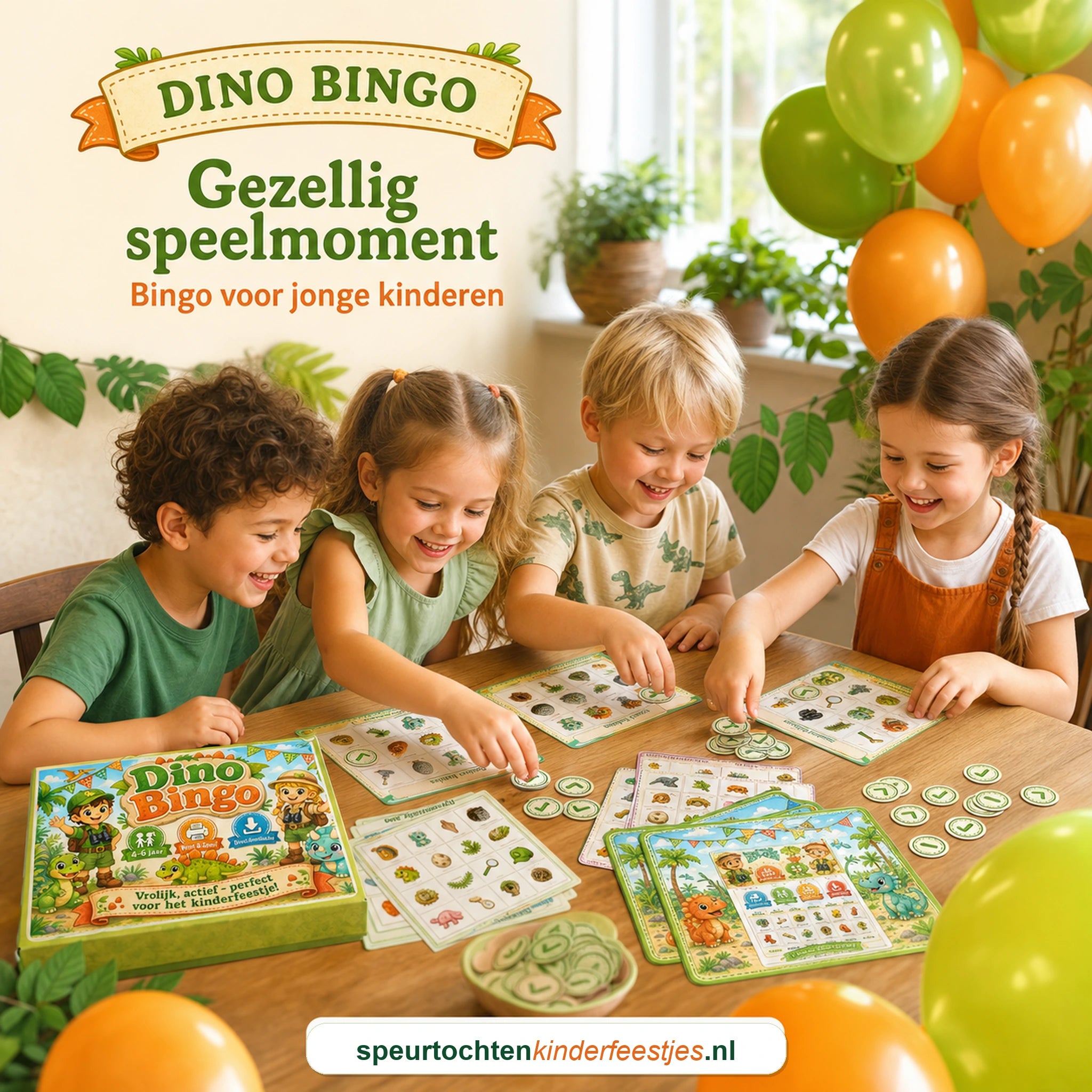Kinderen spelen Dino bingo aan een feesttafel met printbare bingokaarten