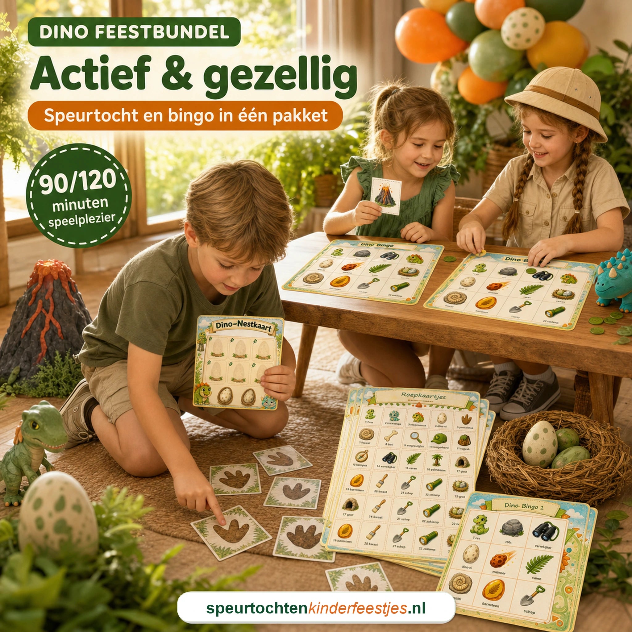Kinderen genieten van een compleet Dino kinderfeestje met speurtocht en bingo