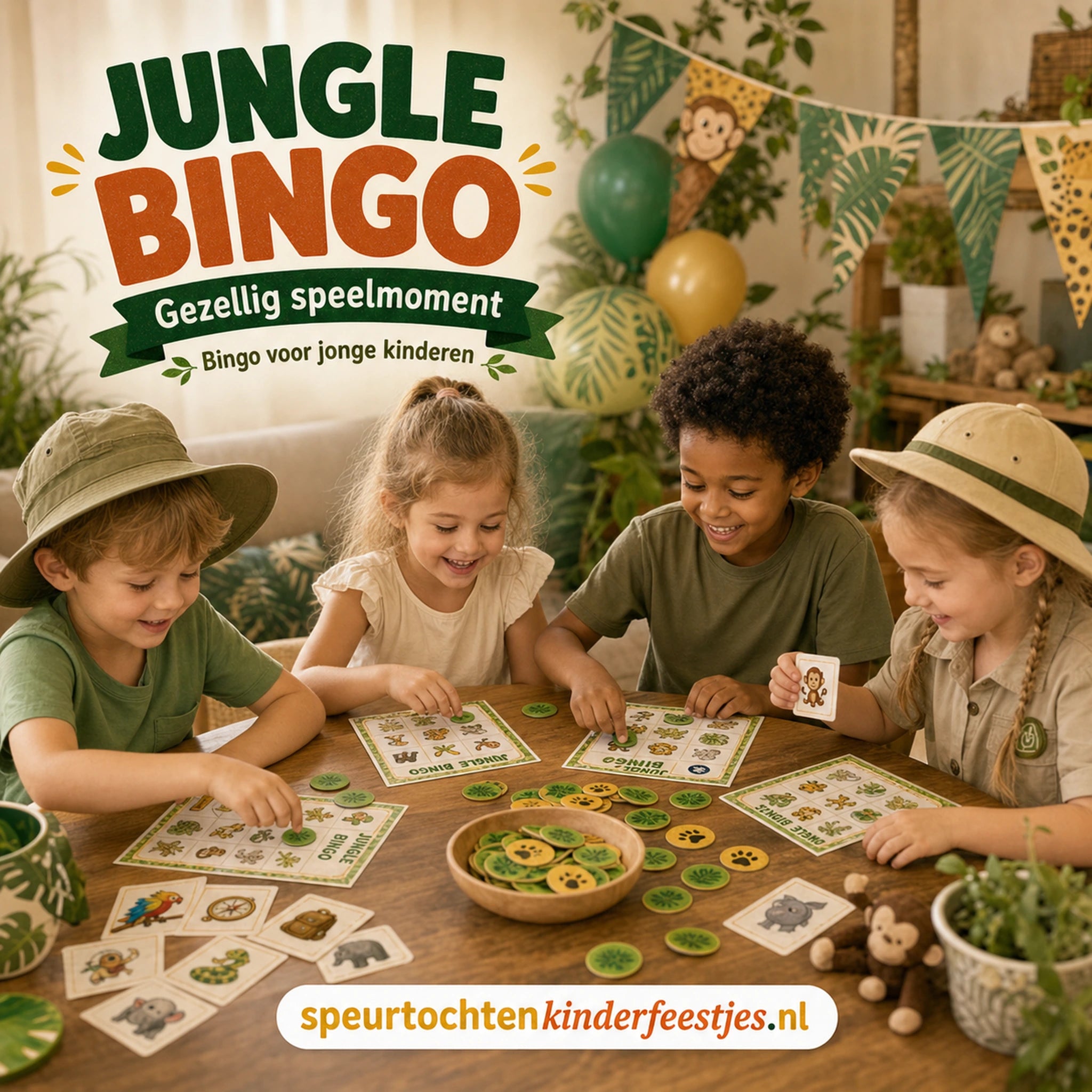 Kinderen spelen Jungle bingo aan een feesttafel met printbare bingokaarten