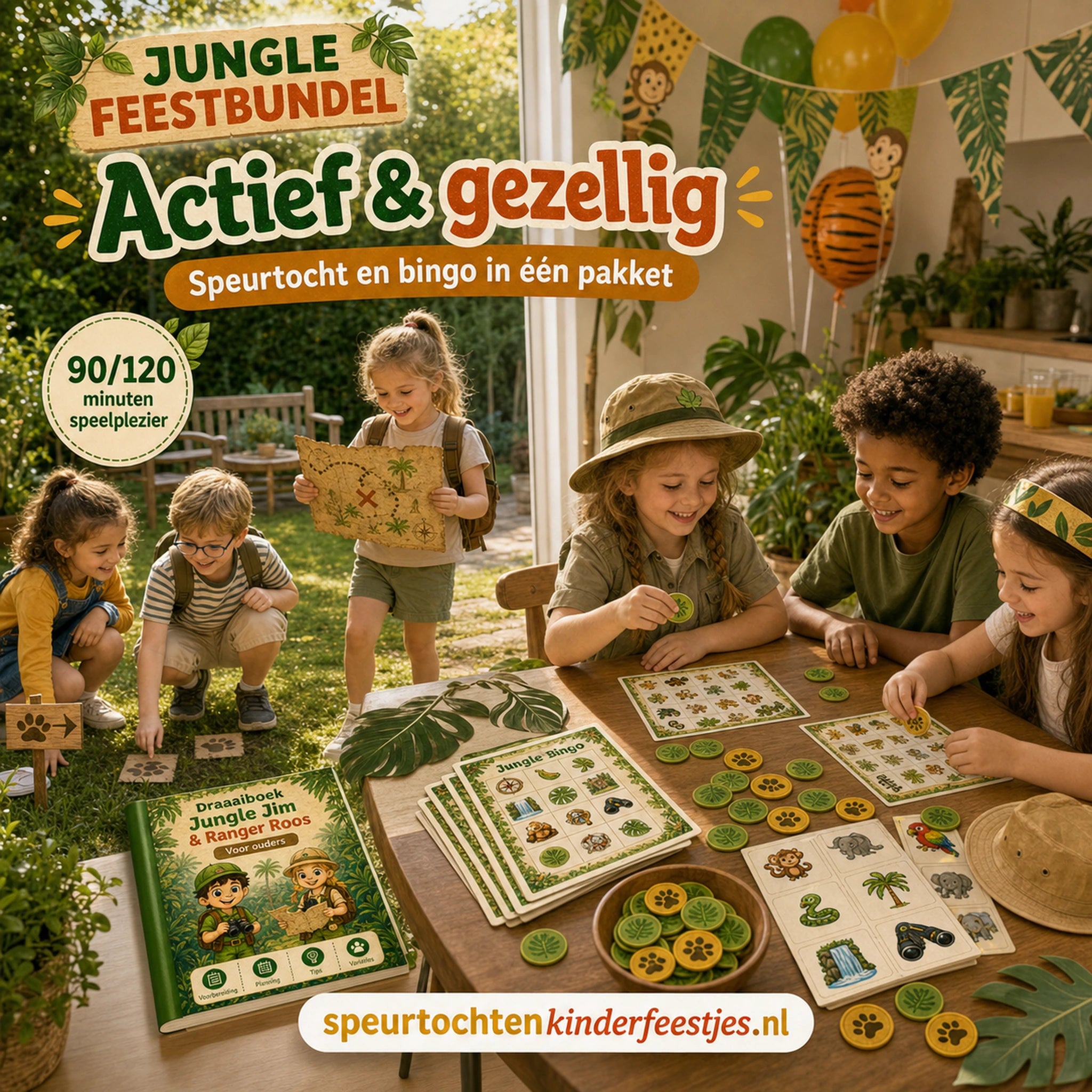 Kinderen genieten van een compleet Jungle kinderfeestje met speurtocht en bingo