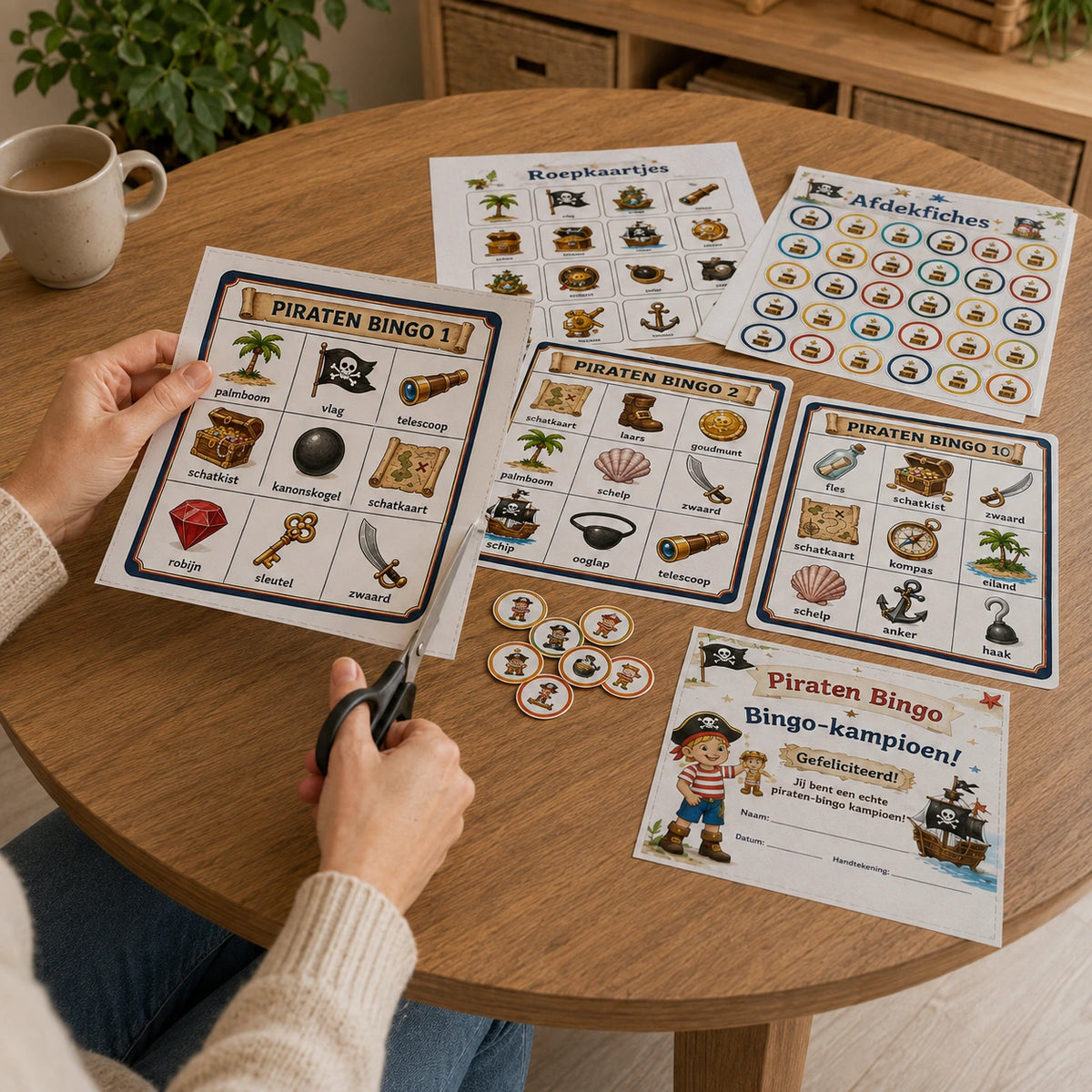 Ouder bereidt de printbare Piraten bingo voor.