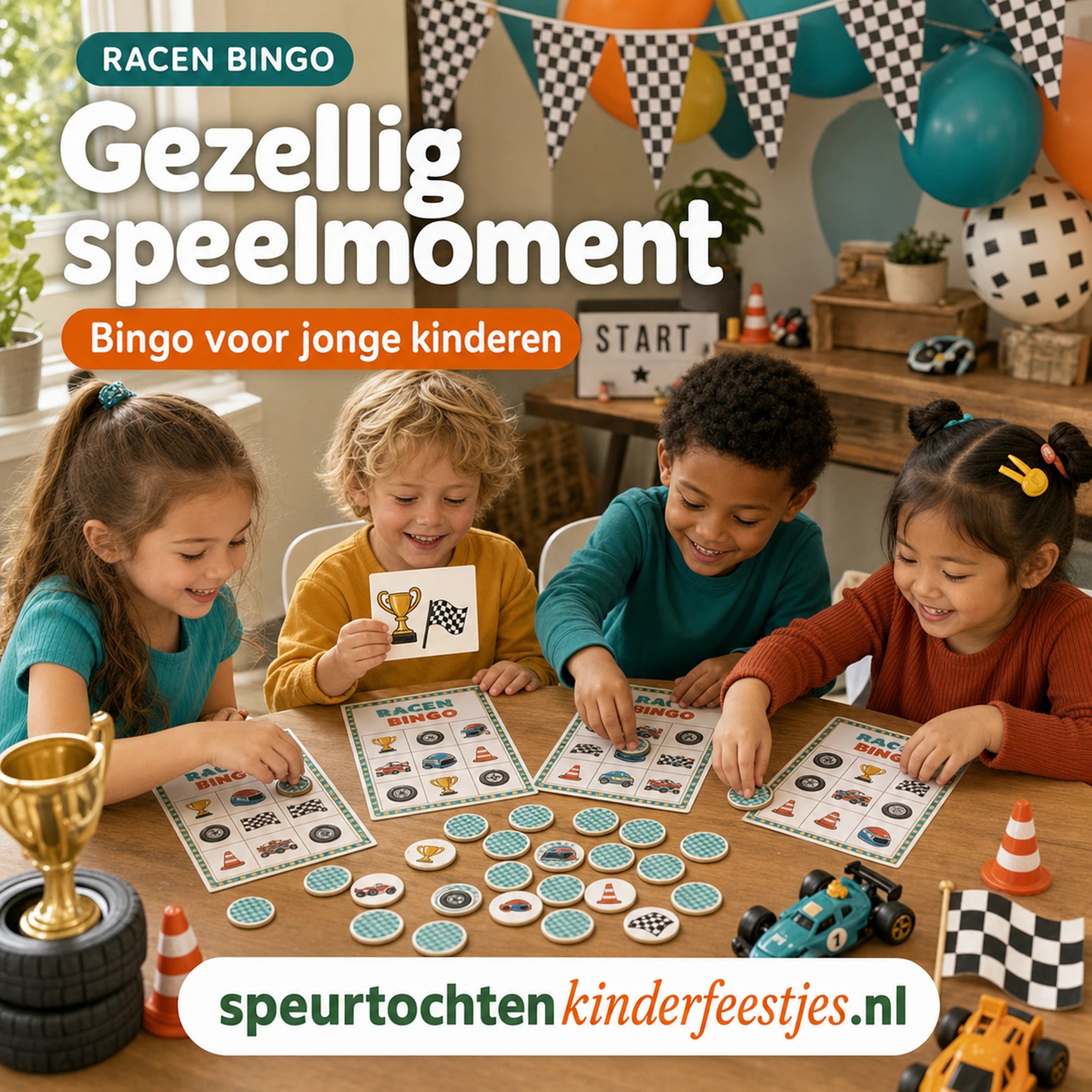 Kinderen spelen Racen bingo aan een feesttafel met printbare bingokaarten
