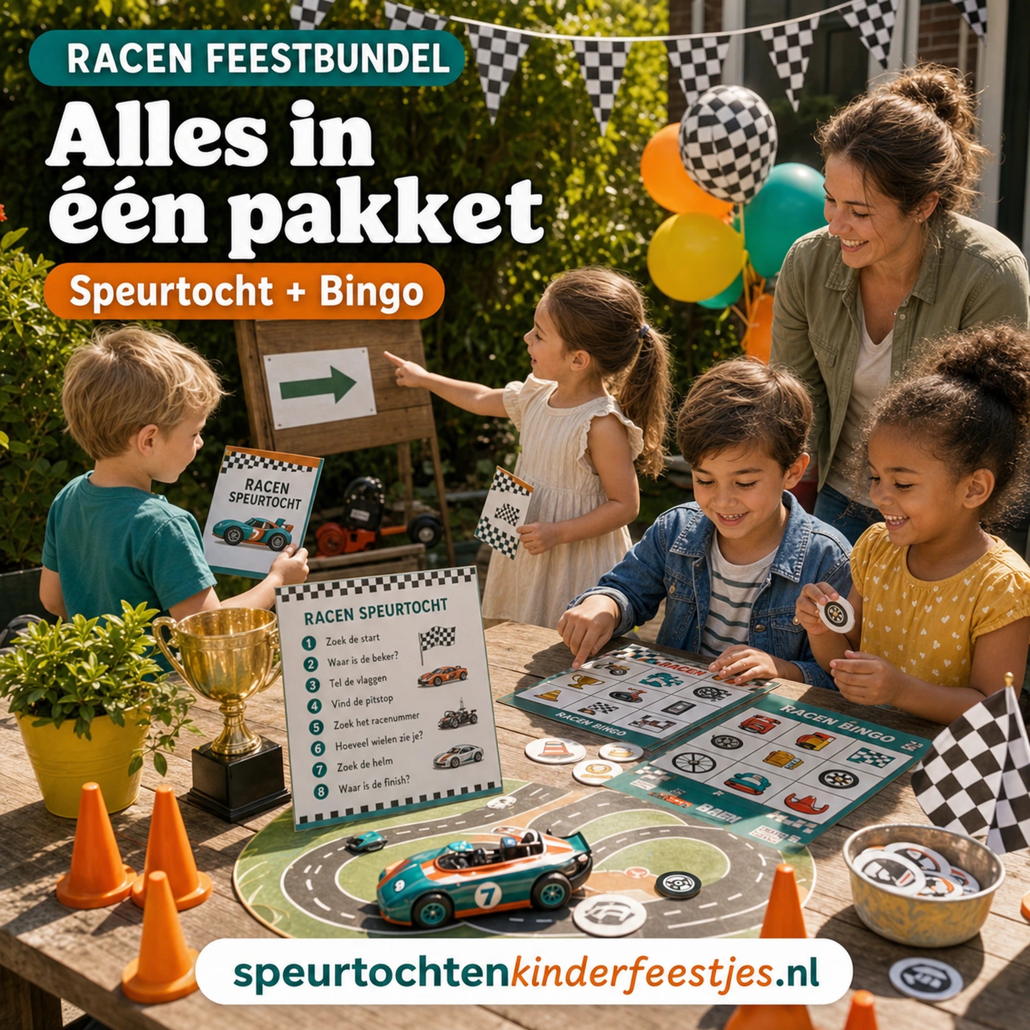 Kinderen genieten van een compleet Racen kinderfeestje met speurtocht en bingo