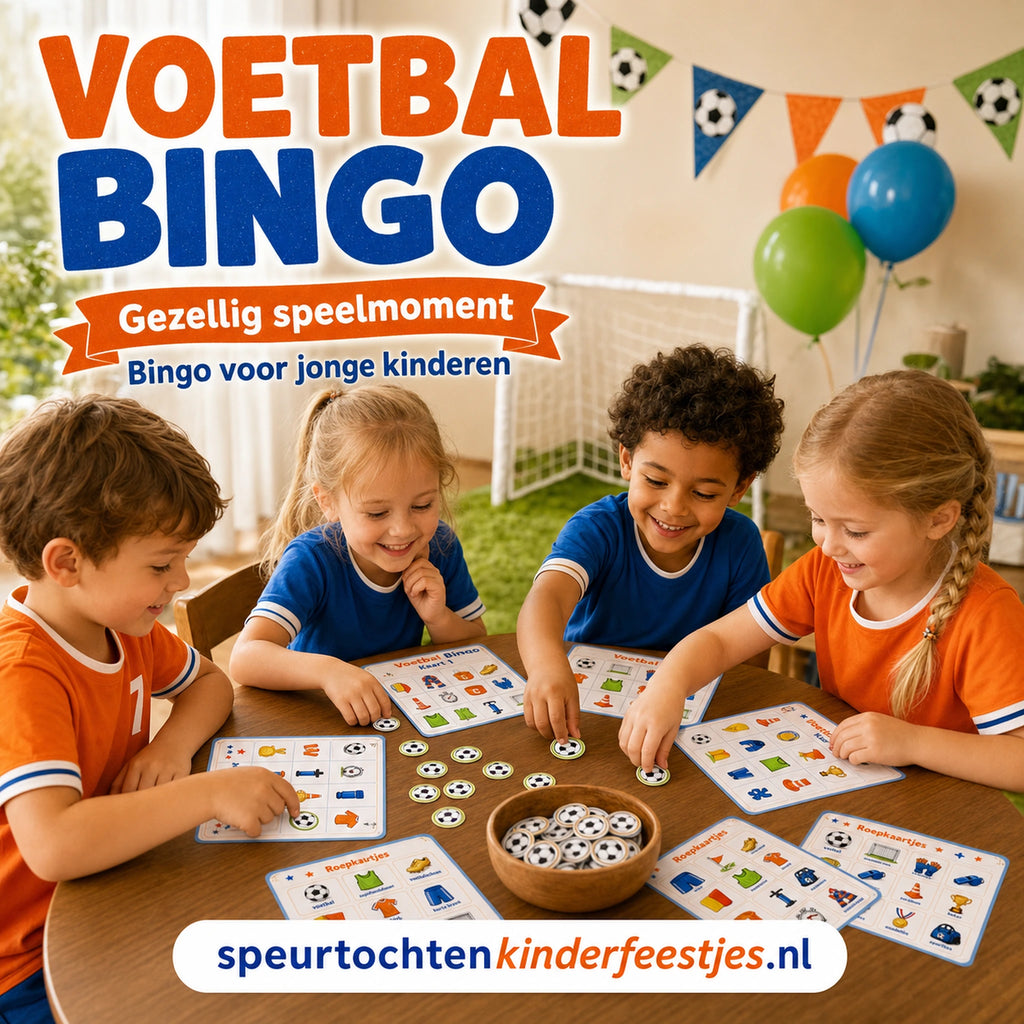 Kinderen spelen Voetbal bingo aan een feesttafel met printbare bingokaarten