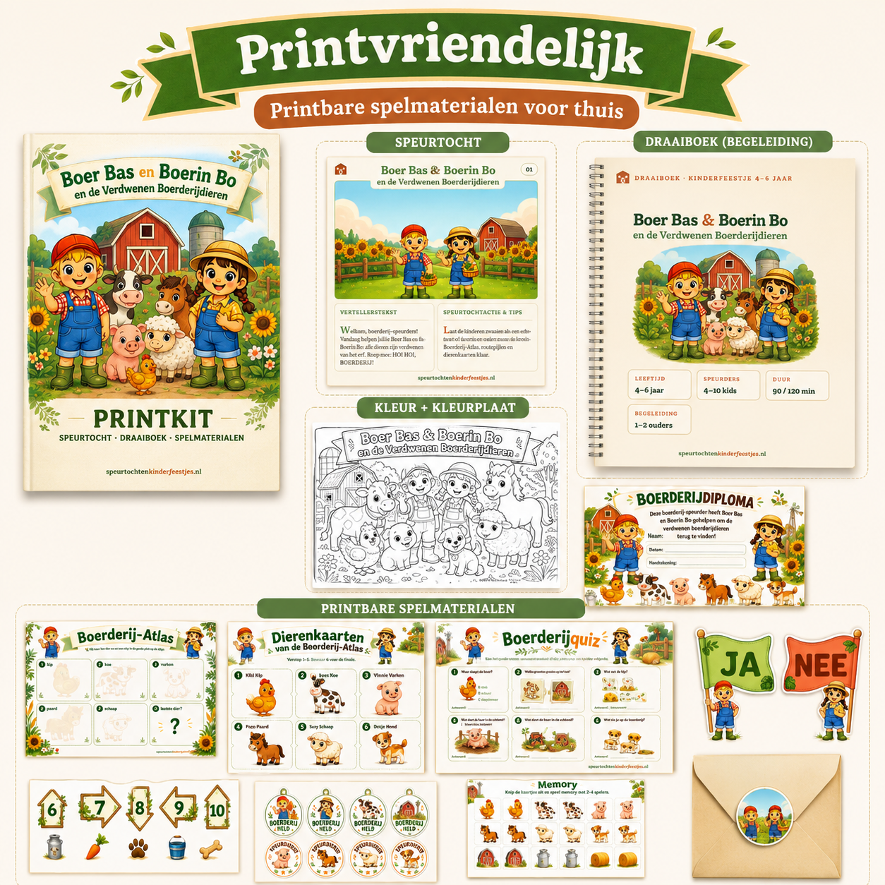 Boer Bas en Boerin Bo Speurtocht Kinderfeestje 4-6 jaar | Direct te Downloaden Printpakket