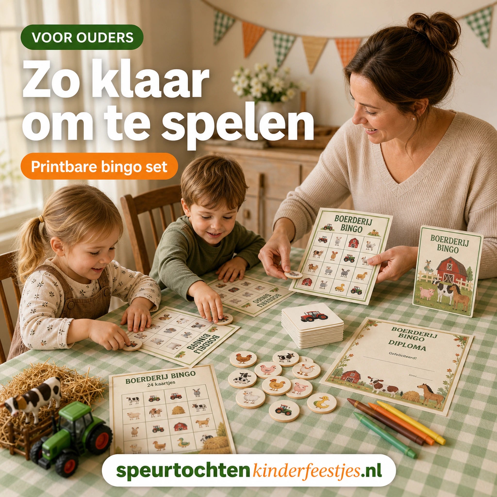 Ouder zet Boerderij bingo klaar met bingokaarten, roepkaartjes en afdekfiches