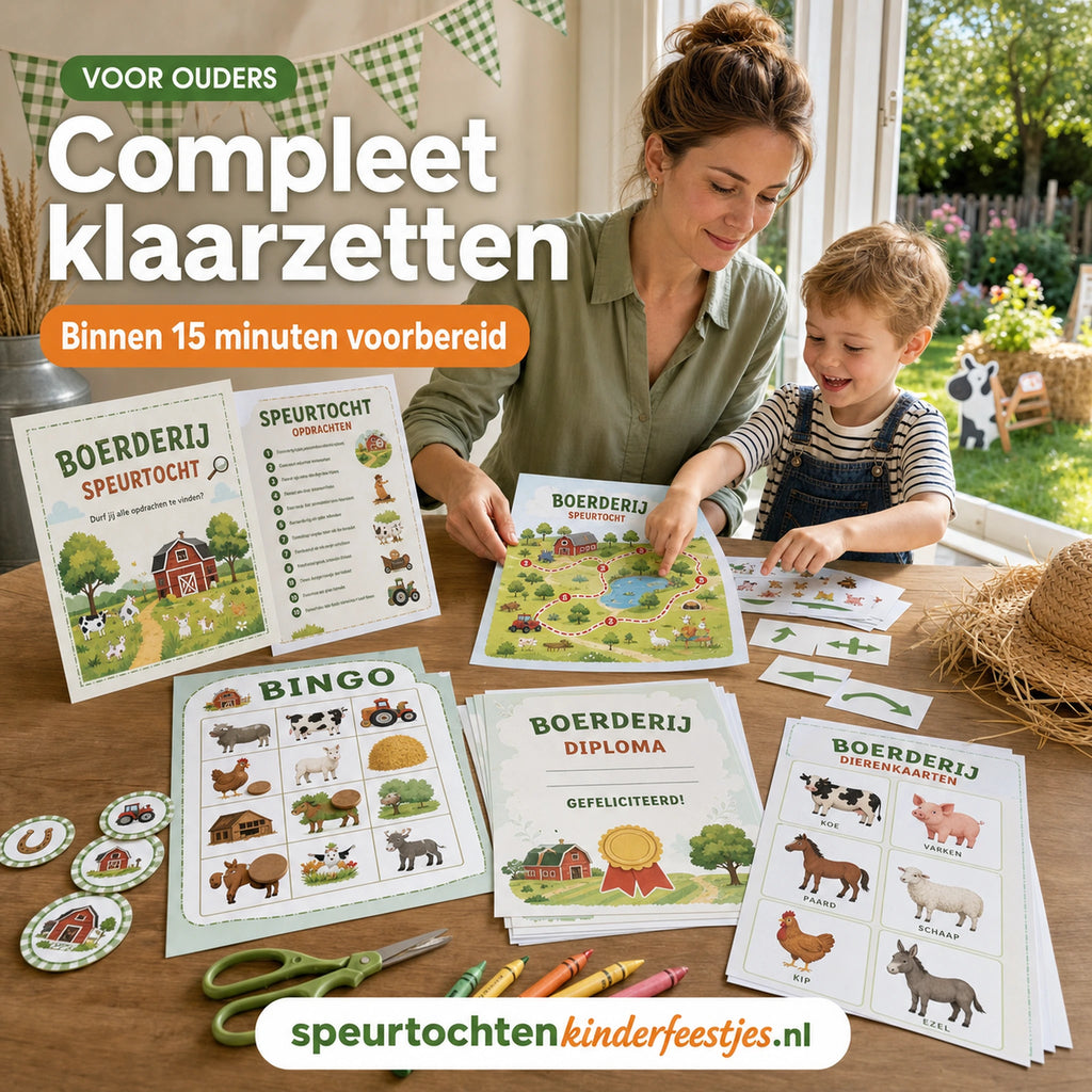 Ouder zet een complete Boerderij feestbundel klaar voor een kinderfeestje zonder gedoe