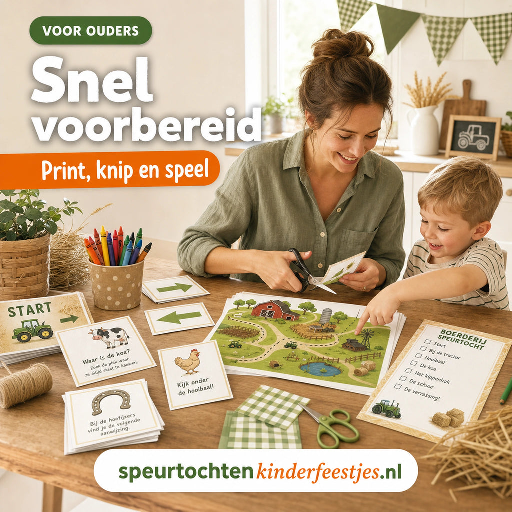 Ouder en kind bereiden de Boerderij speurtocht voor met printbare materialen