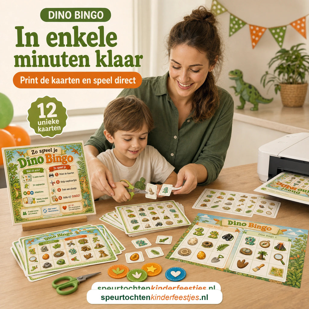 Ouder zet Dino bingo klaar met bingokaarten, roepkaartjes en afdekfiches