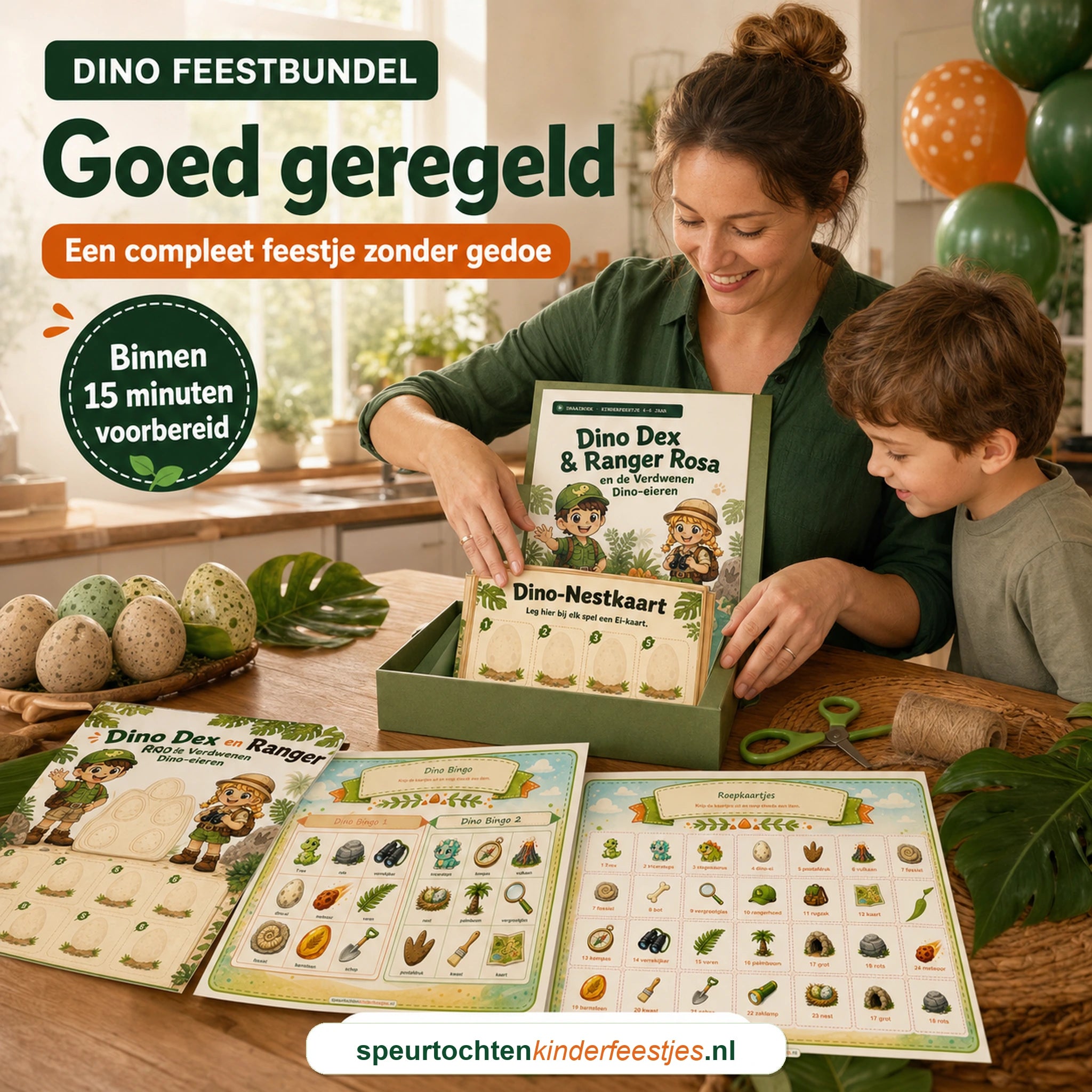 Ouder zet een complete Dino feestbundel klaar voor een kinderfeestje zonder gedoe