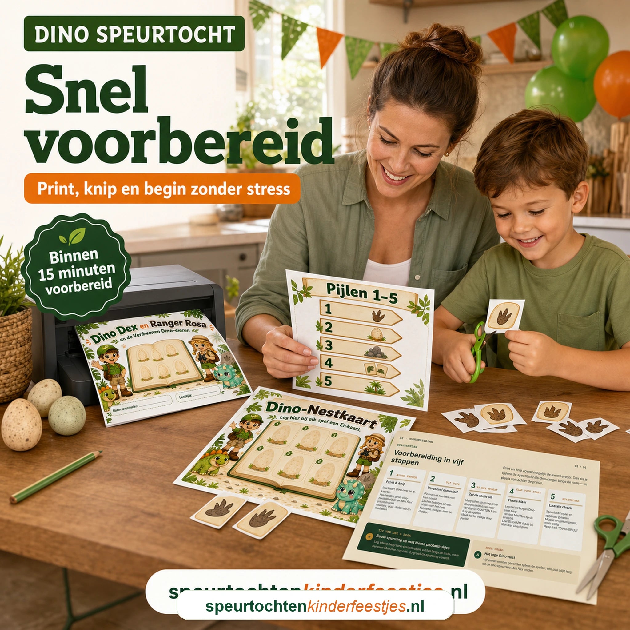 Ouder en kind bereiden de Dino speurtocht voor met printbare materialen