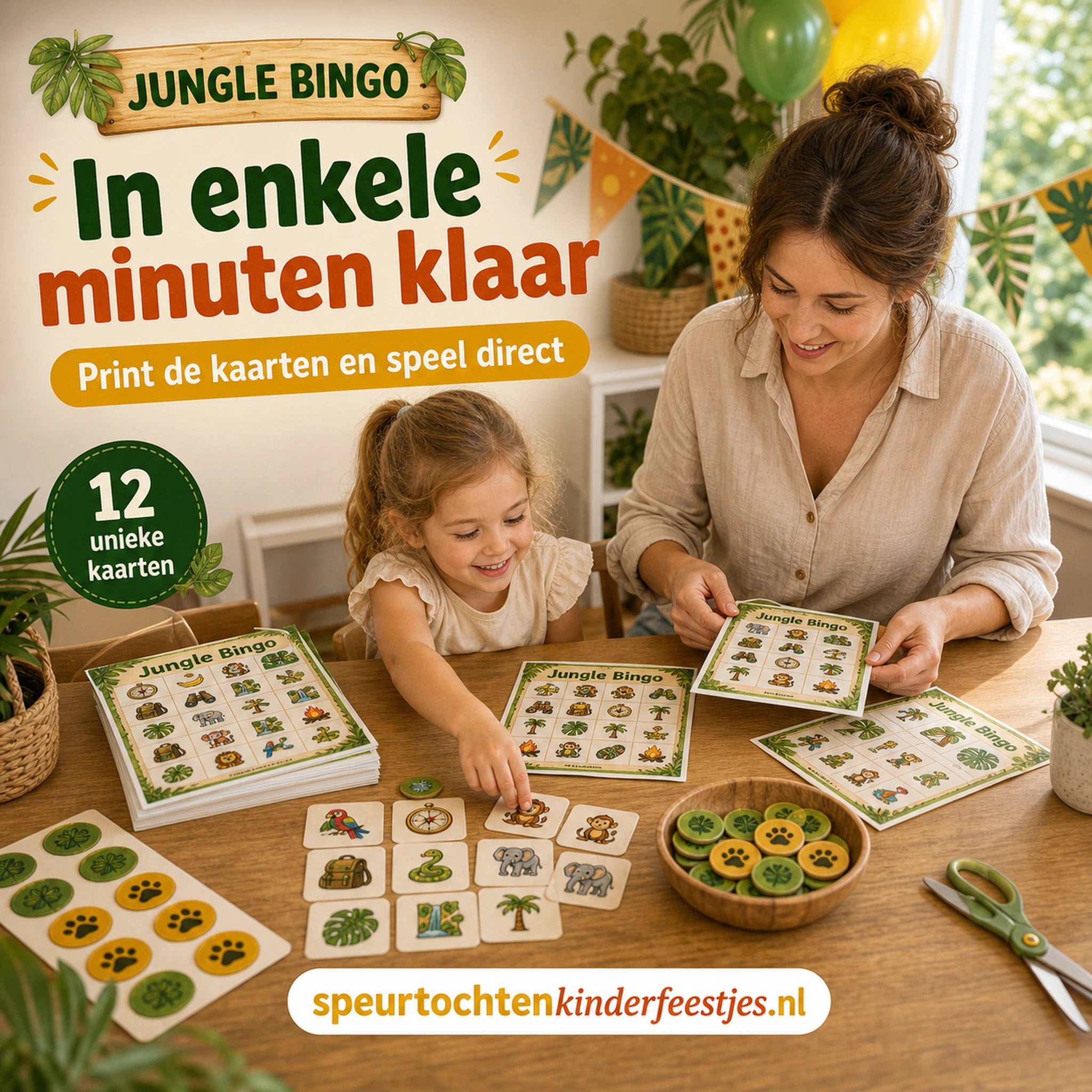 Ouder zet Jungle bingo klaar met bingokaarten, roepkaartjes en afdekfiches